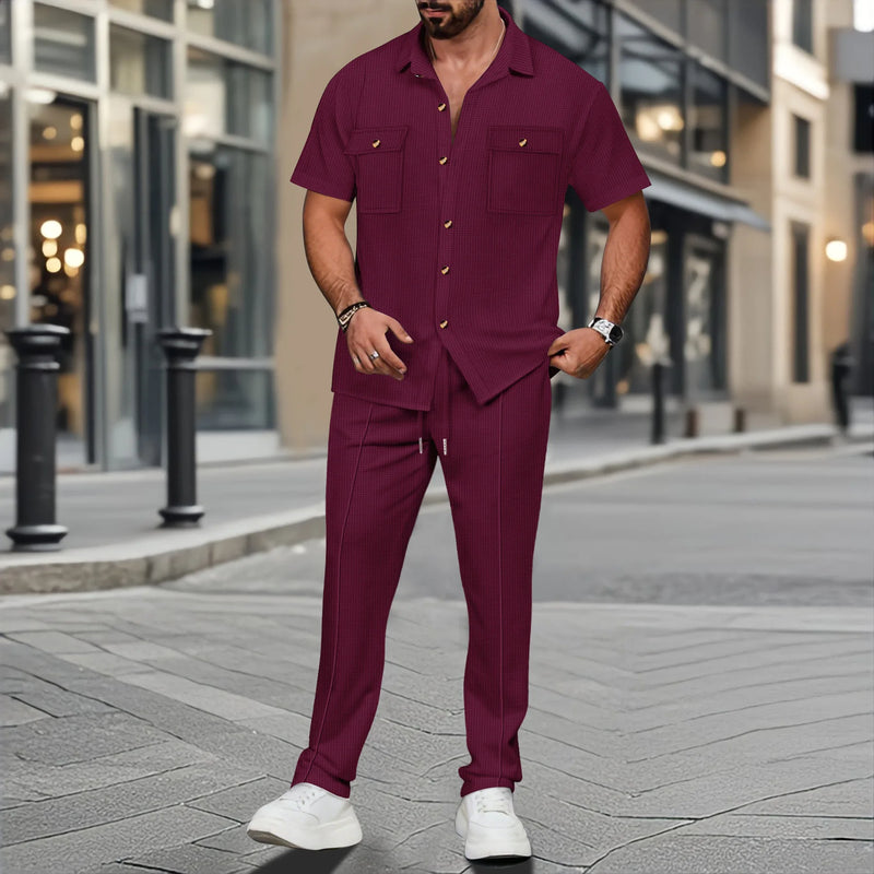 Conjunto de duas peças masculino, camisa casual leve, cor sólida, bolso com botão, tendência waffle, manga curta, calça, verão 2025
