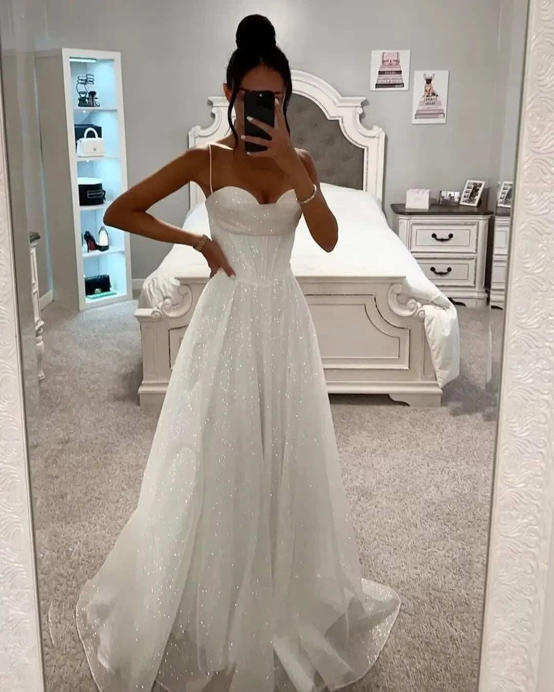 Spaghetti Straps Sleeveless Prom Dress for Women Long Shiny Tulle Formal Evening Party Gown with Slit Formal Dress Women Elegant