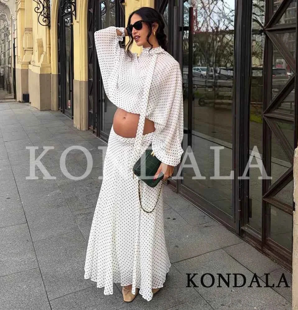 KONDALA Elegant Polka Dot Skirt Set Women's Summer Holidays Beach Casual Set Bow Collar Shirt, Midi Skirt 2026 Trendy Skirt Set
