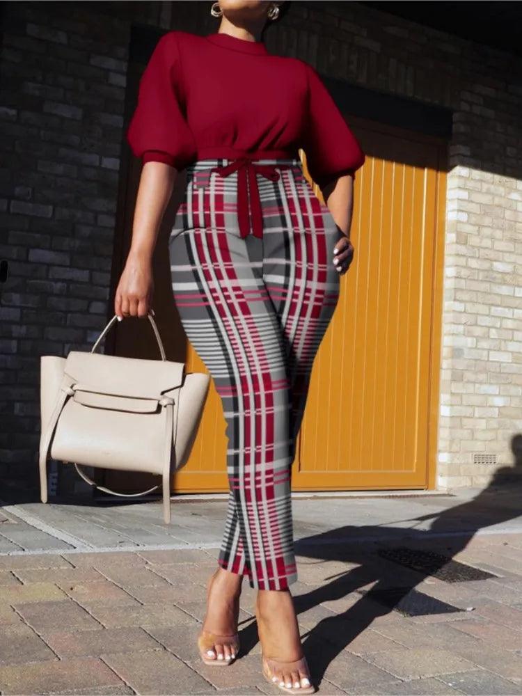 Fashion Plaid Print Two Pieces Sets Women's Autumn Lanntern Sleeve Top & High Waist Tied Slim Long Pants Casual Streetwear Set - CRAVO ROSE