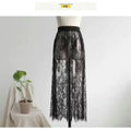 Saia preta elegante de 2 comprimentos, renda branca, transparente, saia longa de tule, feminina, elástica, cintura alta, praia, saia midi
