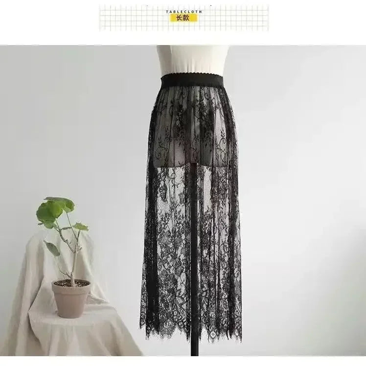 Saia preta elegante de 2 comprimentos, renda branca, transparente, saia longa de tule, feminina, elástica, cintura alta, praia, saia midi