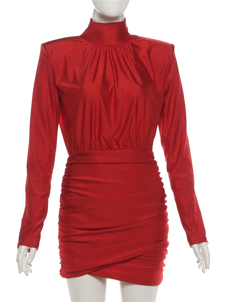 Weird Puss Elegant Shoulder Padded Dress Women Turtleneck Ruched Sexy Classic Office Commute Simple Peach Hip Slim Mini Bodycon