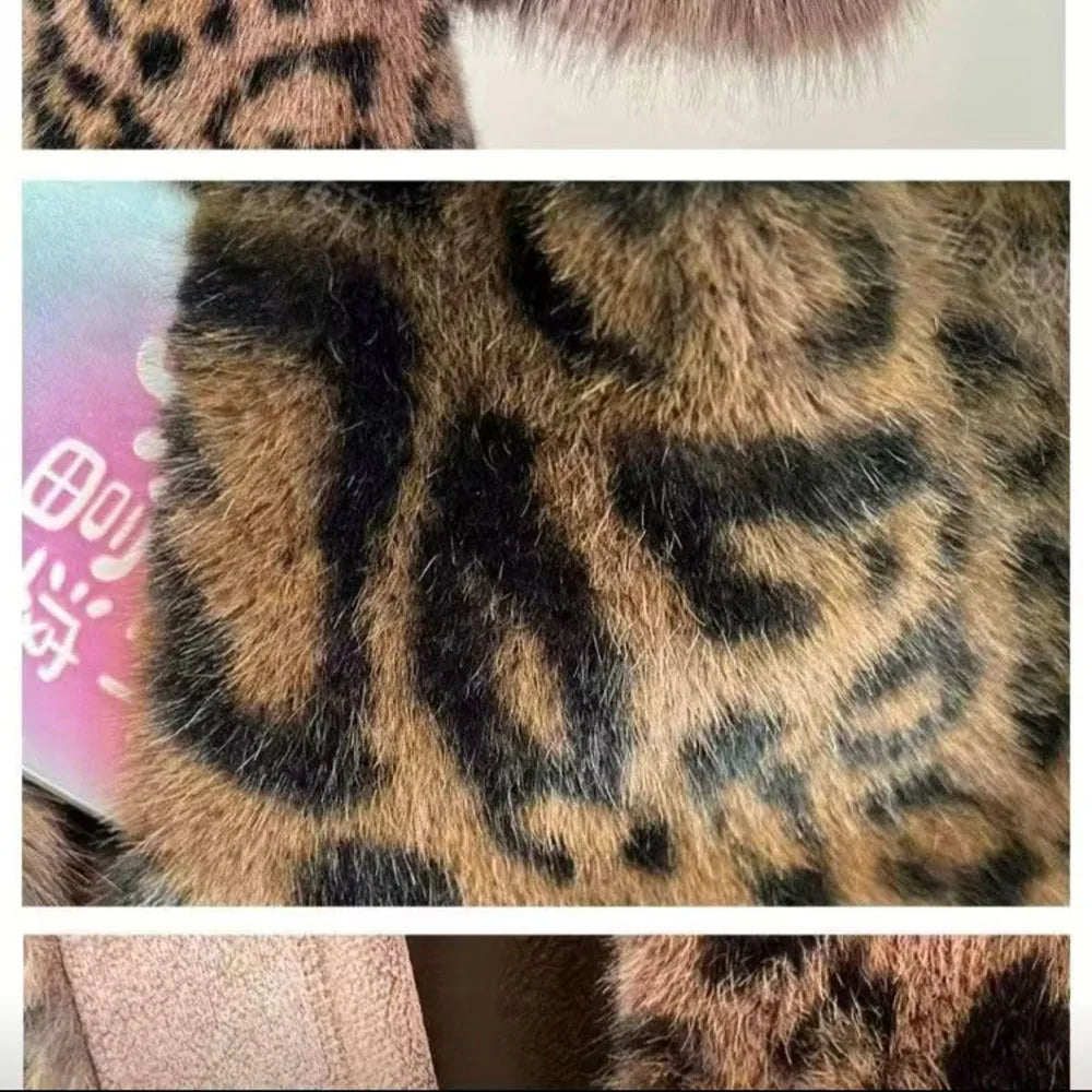 2025 New Women Autumn Winter Leopard Print Temperament Fur Coat Medium-Long High End Fur Collar With Belt Fur Jacket Overcoat