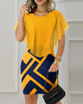 Womens Dresses Summer Fashion Cloak Sleeve Contrast Sequin Slit Casual Round Neck Half Sleeve Plain Daily Bodycon Midi Dress