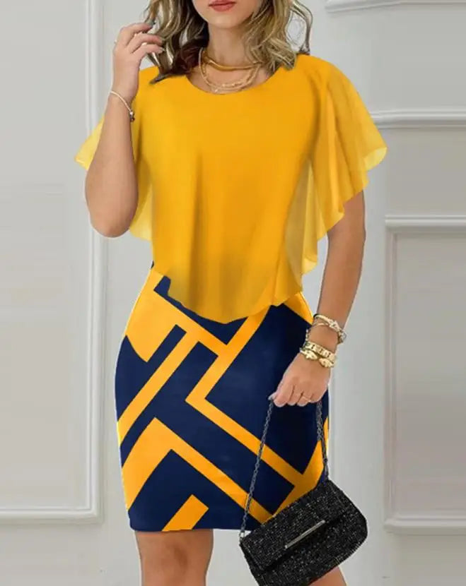 Womens Dresses Summer Fashion Cloak Sleeve Contrast Sequin Slit Casual Round Neck Half Sleeve Plain Daily Bodycon Midi Dress