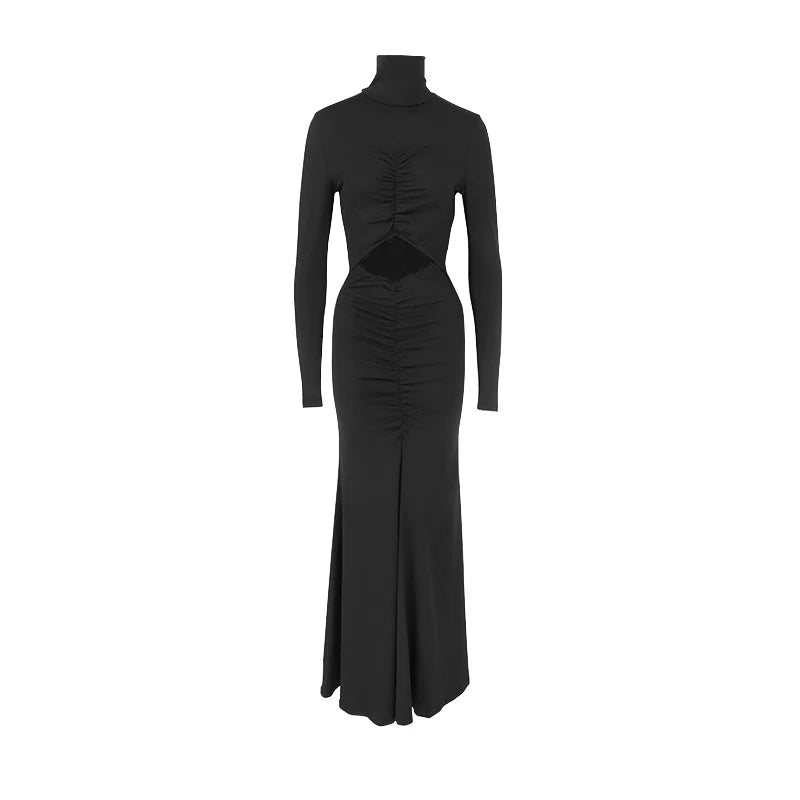 Black Sexy Autumn Dresses Women Fashion New Streetwear Long Sleeves Turtleneck Dress Hollow Out Lady Casual Slim Dress Clothing