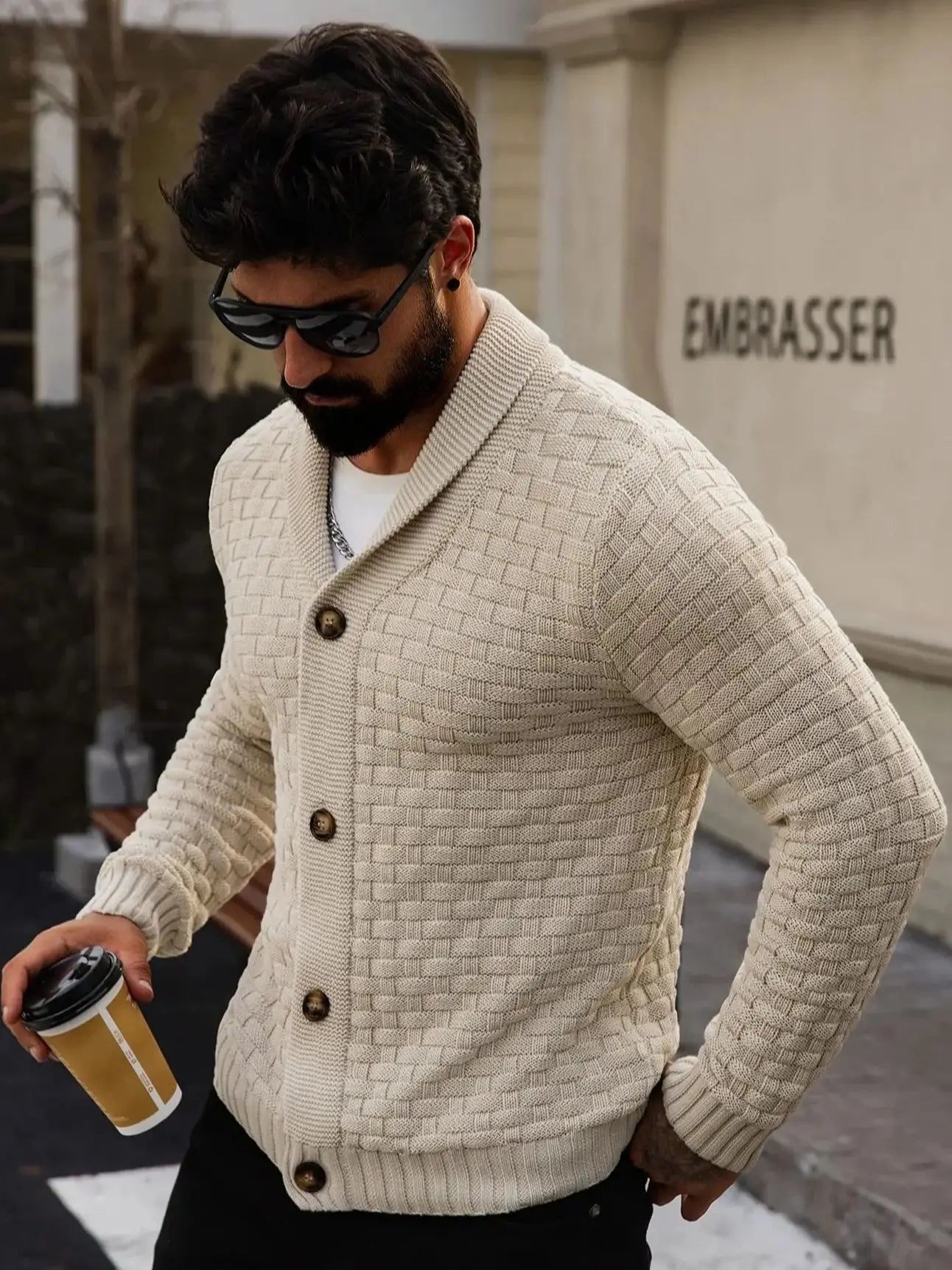 Men's Autumn Winter Cardigan Sweaters Warm Knitted Open Front Long Sleeve V-Neck Pullover in Solid Color for Men