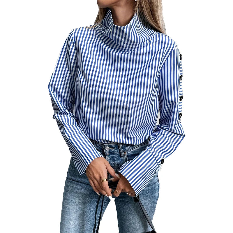 Women's shirts 2025 spring new long-sleeved women turtleneck striped shirt tops elegant office ladies patchwork button pullover