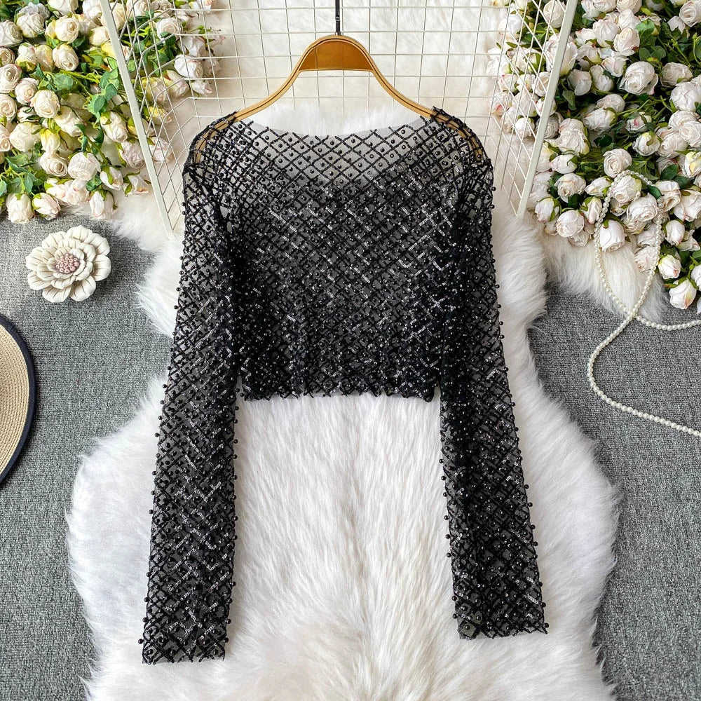 Slim Fit Short Sleeveless T-Shirt Women's New Style round Neck Long Sleeve Shiny Sequin Heavy Duty Bead Commute Style Korean ...