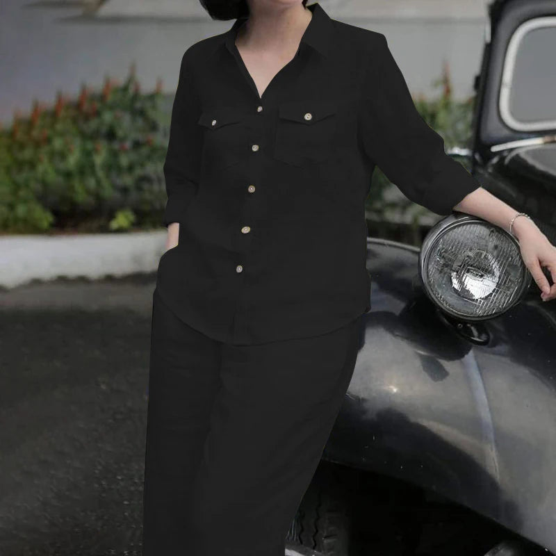 Women Elegant Lapel Neck Long Sleeve Shirt Pants Sets 2PCS Fashion Autumn Outifits Solid Work Trousers Suits Tracksuit