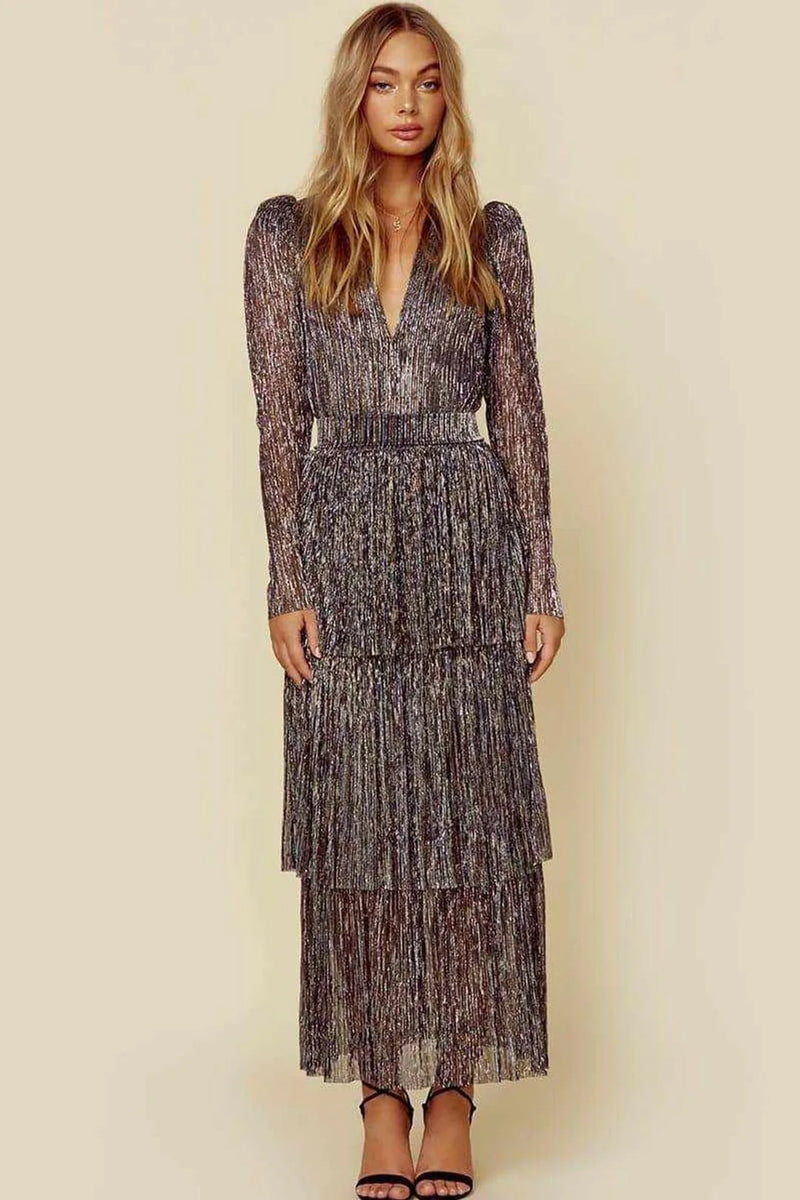 Vestido Feminino Plissado Costura Cintura Alta Vestido Feminino Manga Bufante Decote Em V Irregular Festa À Noite Vestido Elegante