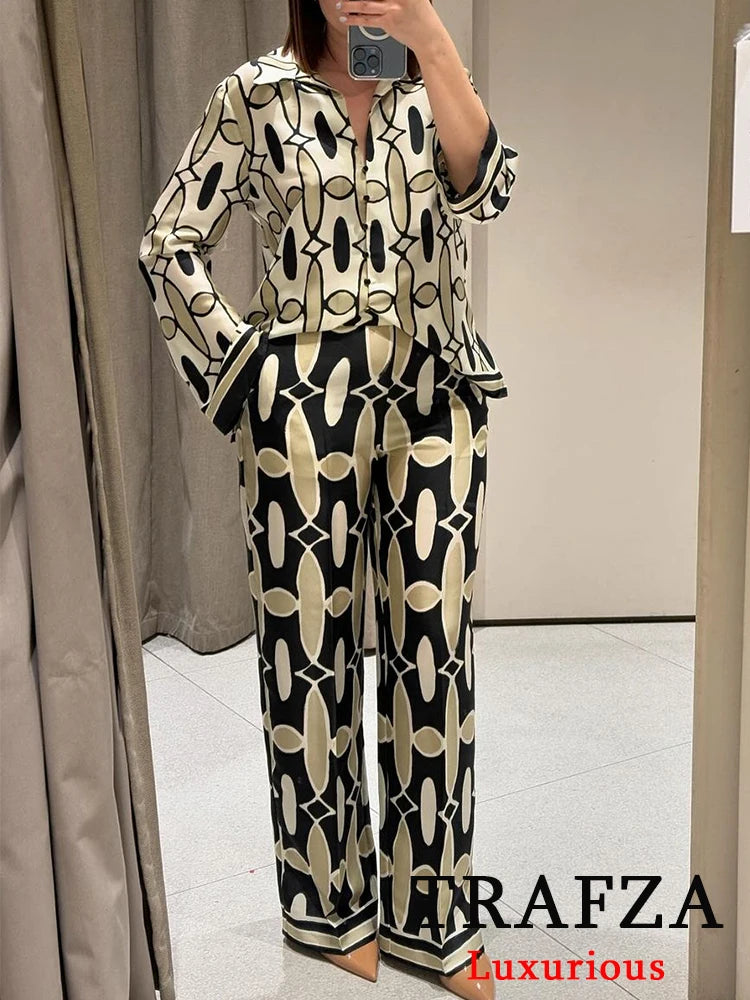 TRAFZA Vintage Casual Print Women Suit Single Breasted Turn-down Collar Blouse Loose Long Pants Fashion 2024 Spring Summer Sets