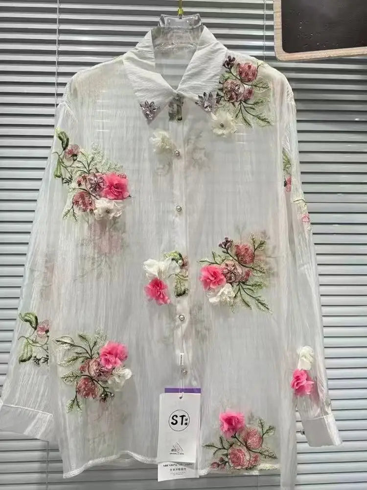 Luxury Design Summer Sparkle Diamonds Flowers Embroidery Party Shirts Blouses Women's Lightweight Sunscreen Top Woman Clothes