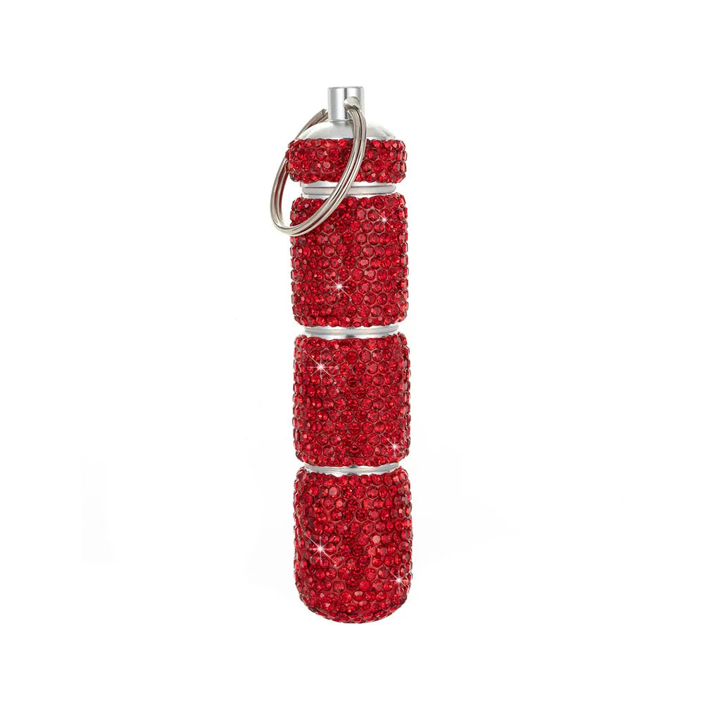 Porta-comprimidos portátil com strass (estilo "bling"), à prova d'água, pequeno e com chaveiro — Estojo fofo para guardar medicamentos.