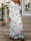 Spring Summer Women's New Fashionable Printed V-neck Sexy Lace Lace Patchwork Single Breasted Long Casual Comfortable Dress