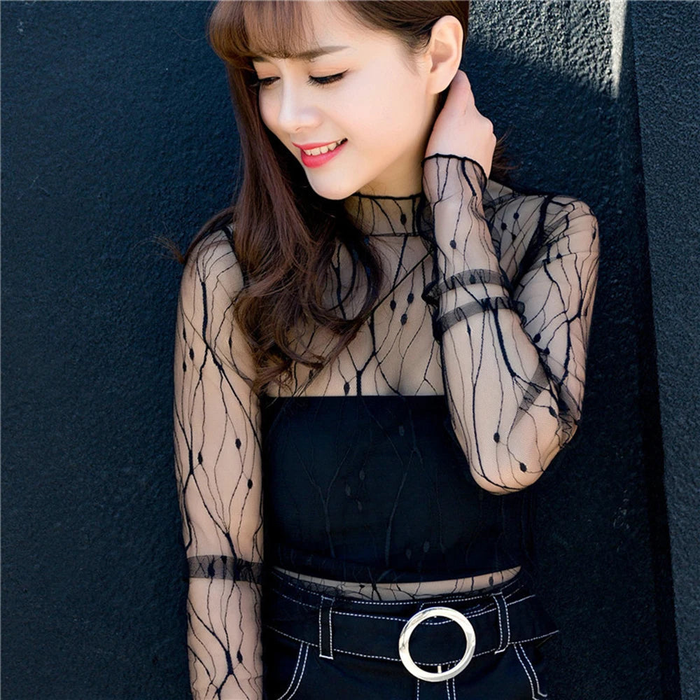 Sexy Mesh Perspective Top Ladies Sheer Blouses Women Lace Floral T Shirt See Through Long Sleeve Tee Shirts Sunscreen Tops