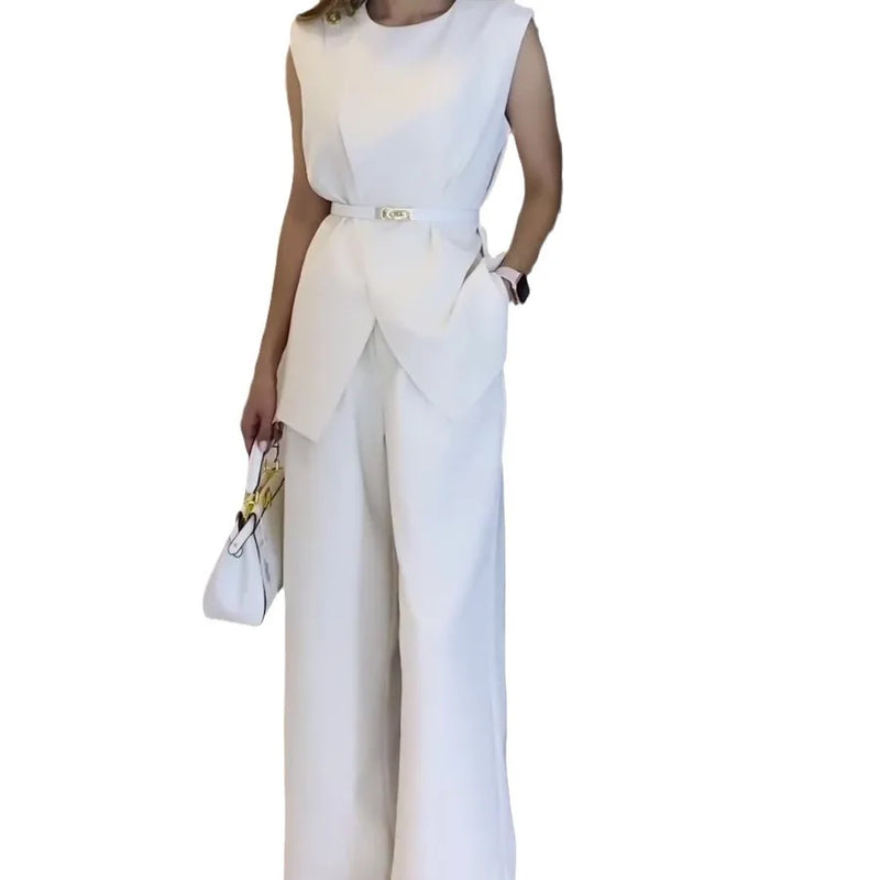 Two Piece Sets Women Pants Set Round Neck Belt Sleeveless White High Waist Tops Solid Wide Leg Long Pants Slim Fit Elegant