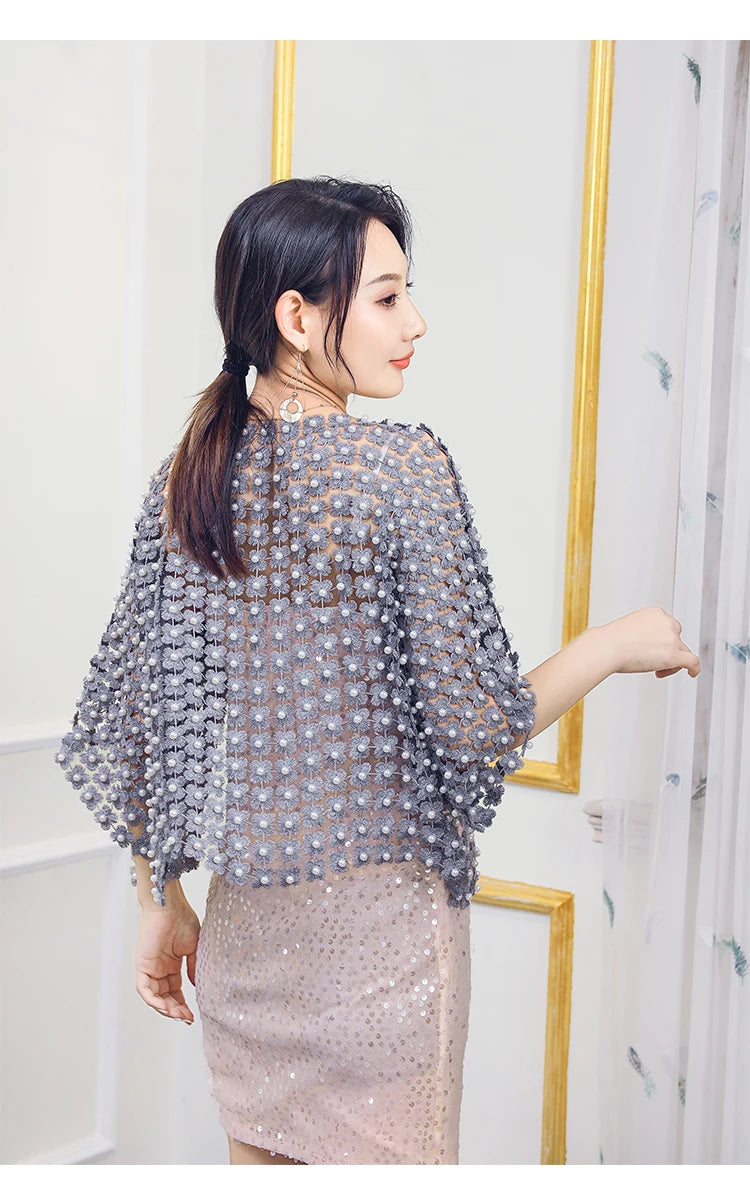 Women Beads Coat 2025 Summer Style Women Perspective Shawl Fashion Hollow Out Lace Boleros Short Sleeve Coats Jackets Femal
