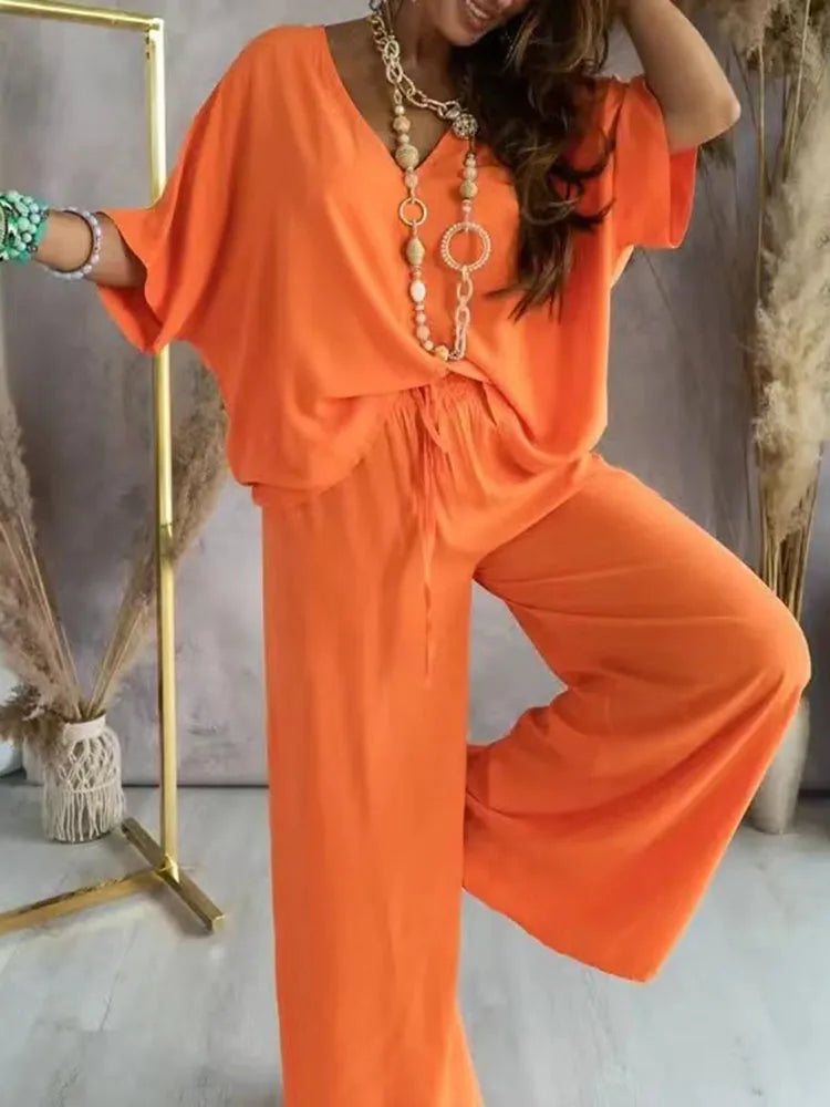 2024 Summer Long Pant Sets Two Piece Set For Women V Neck Bat Sleeve Loose Wide-leg Pants 2 Piece Set Solid Color Casual Outfits