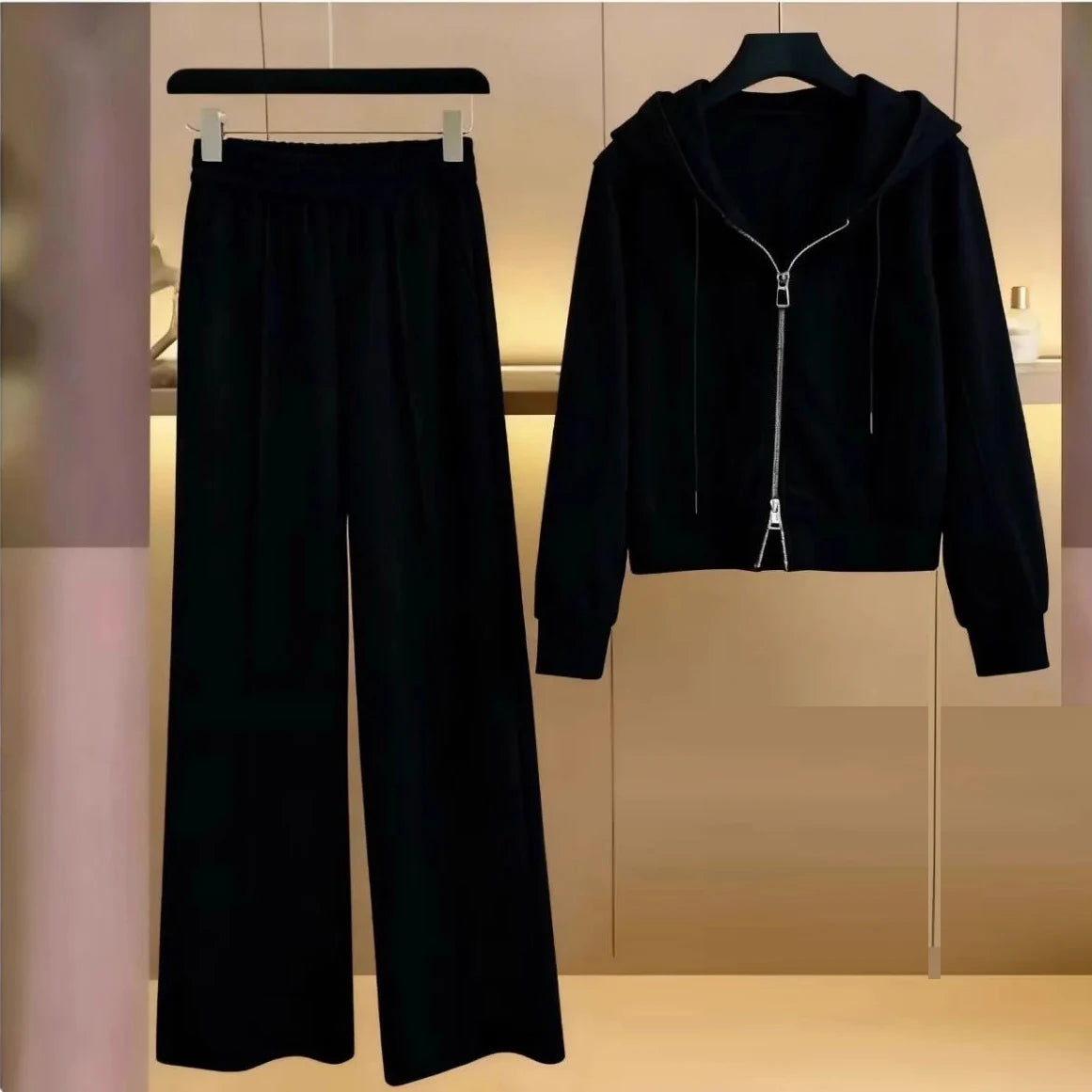 Women's Fleece Lined Thick Casual Sports Suit Set Hoodie Jacket Wide Leg Pants Two Piece Set Autumn Winter Fashion New Style