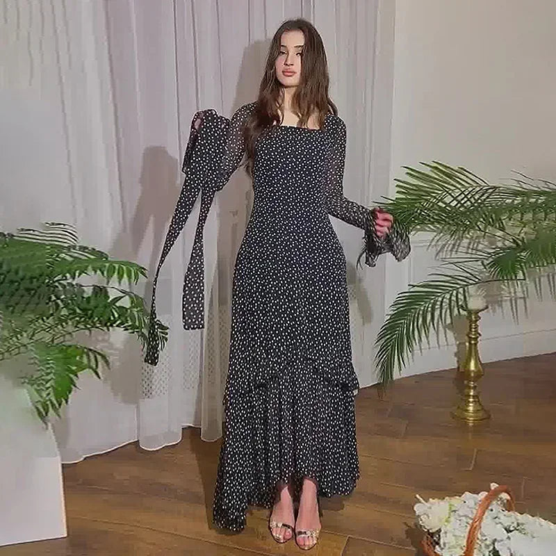 2025 Women's Dress Elegant Fresh Sweet Polka Dot Print Asymmetrical Layered Long Sleeve Tie Details High Waist Slim Maxi Dress