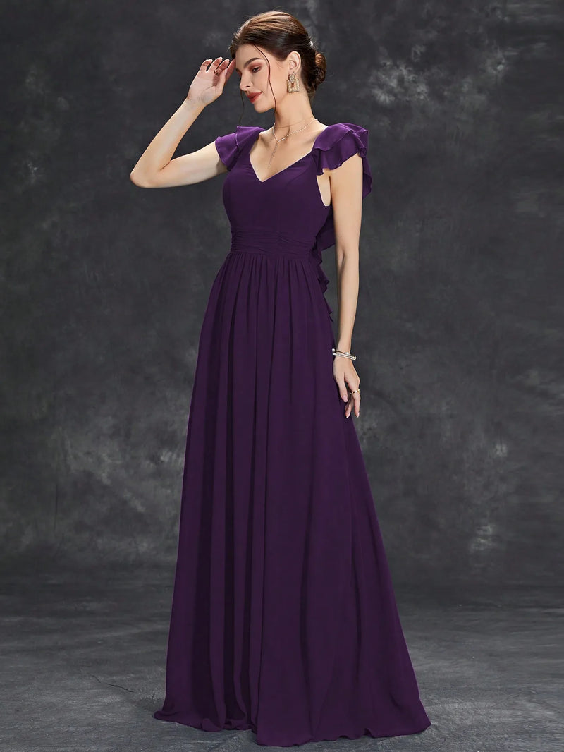 Vestido de noite longo com decote em V, manga curta, babados, renda, vestido de baile, vestido de festa, vestido de madrinha
