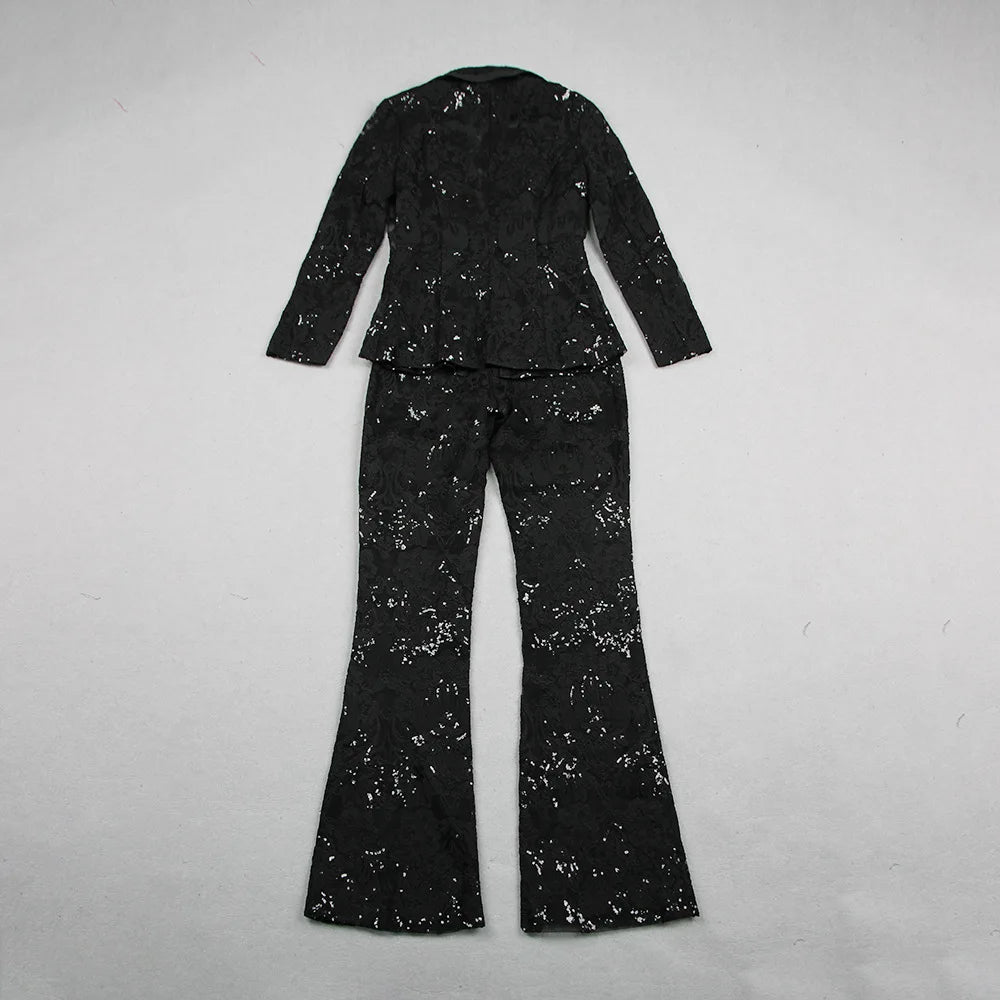 HIGH STREET Newest 2026 Designer Runway Suit Set Women's Single Button Guipure Lace Blazer  Flare Pants Set