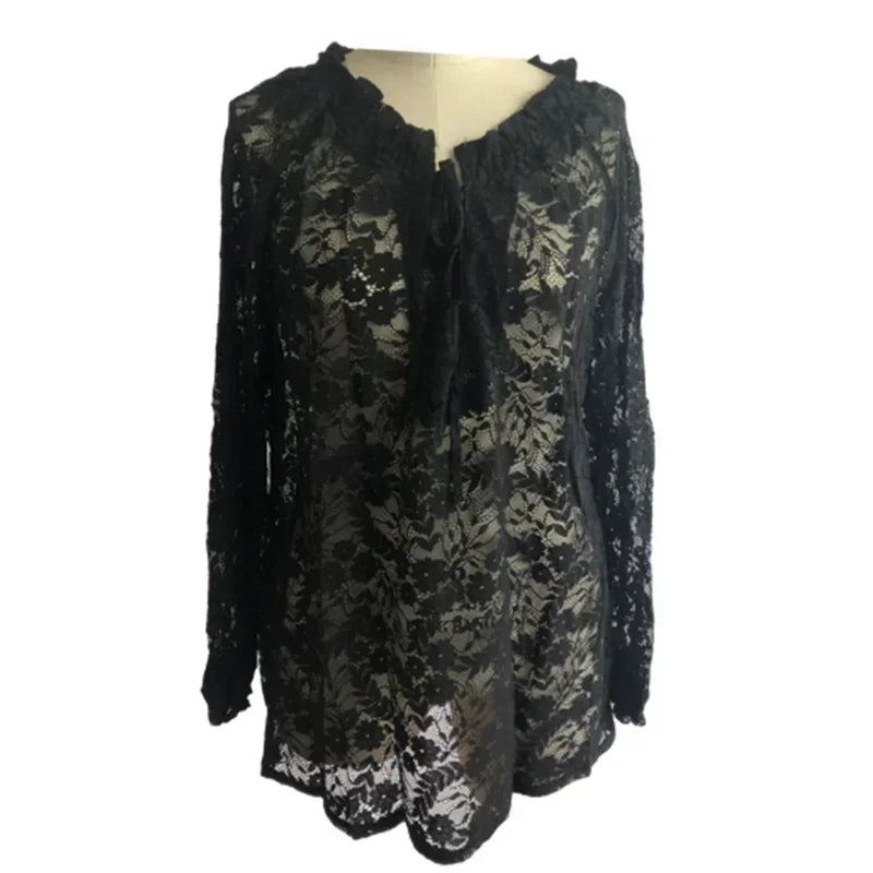 Blusa feminina elegante com decote em V profundo e renda de outono, blusa casual para trabalho, nova blusa feminina com decoração de alças e cor sólida