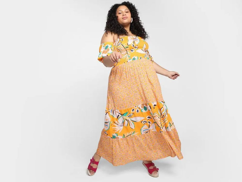 Lastex Floral Long Shoulder Magalu Dress