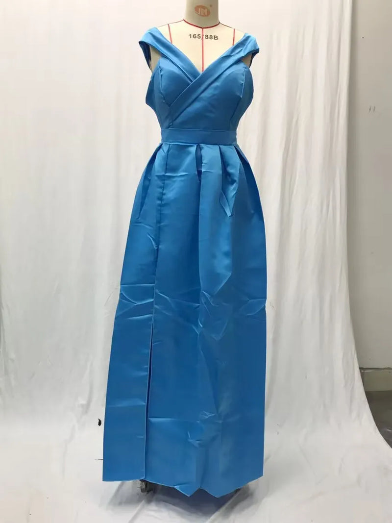 Women's Long Loose Maxi Dress Summer Deep V-neck Solid Color Satin High Split Strapless Short Sleeve Dress