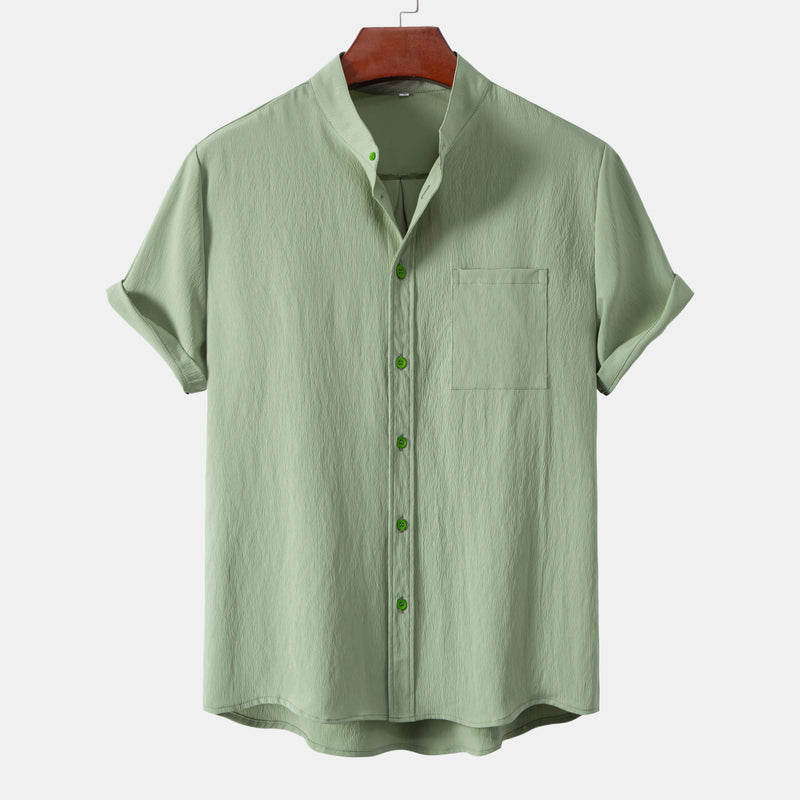 Cardigan casual de manga curta, cor sólida, gola alta, camisa para comércio exterior