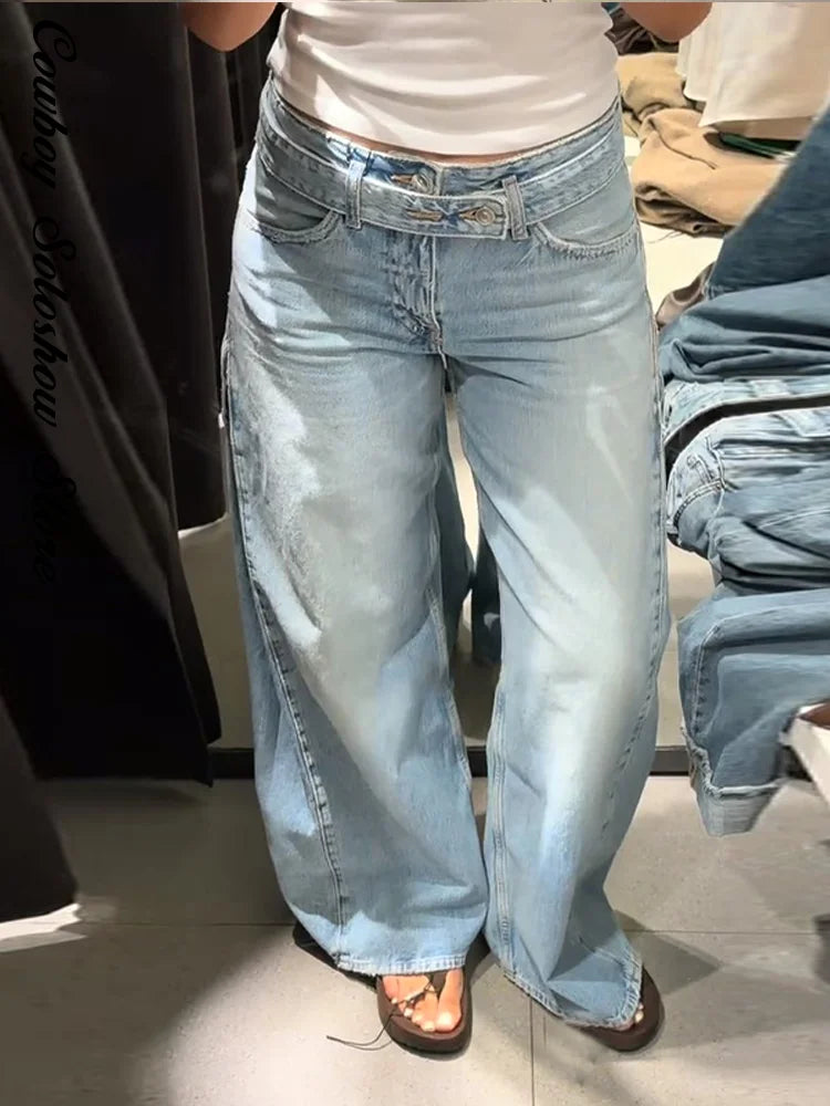 Y2k Hot Fix Rhinestone Cutout Women's Jeans Summer Street Low-rise Wide Leg Loose Denim Pants Lady New Fashion Party Trousers