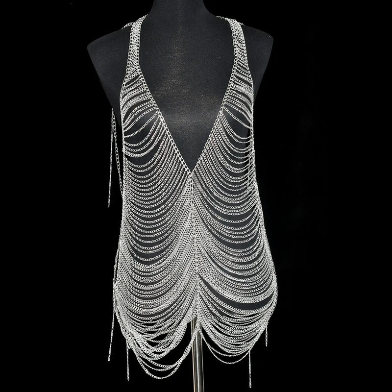 Sexy Fashion Women's Body Jewelry Punk Personality Metal Long Harness  Dress Underwear Accessories Party Festival Gift