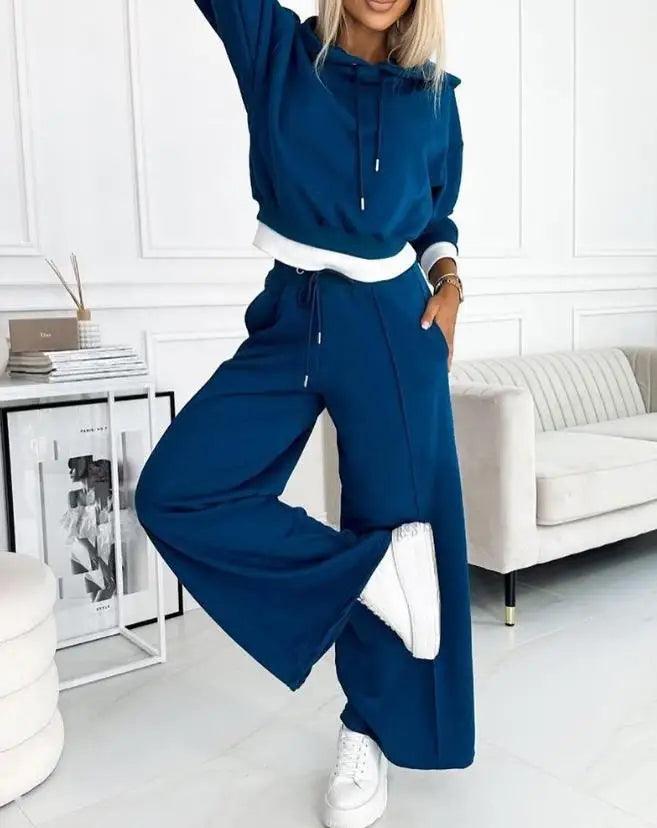 Female Clothing 2 Piece Sets Women Output 2023 Autumn/winter New Fashion Casual Daily Fake Two Piece Hoodie&wide Leg Pant Set - CRAVO ROSE