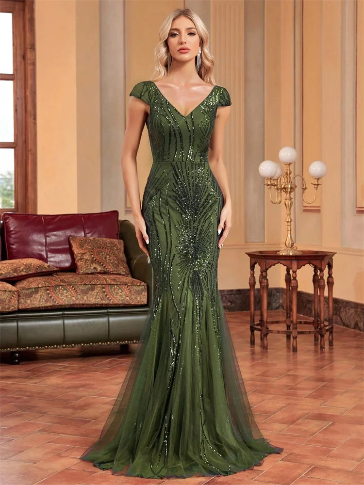 Luxury Cap sleeve V-neck Sequin Formal Evening Dress Women 2025 Elegant Mermaid Party Maxi Prom Arabia Cocktail Graduation Gowns