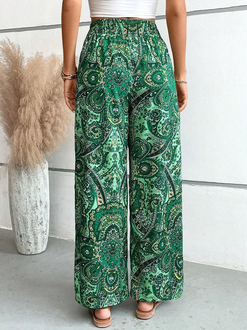 Calças de cintura alta com estampa da moda, pernas largas, primavera-verão, roupas femininas, calças casuais soltas, faixas elásticas, estilo boho, calças de praia