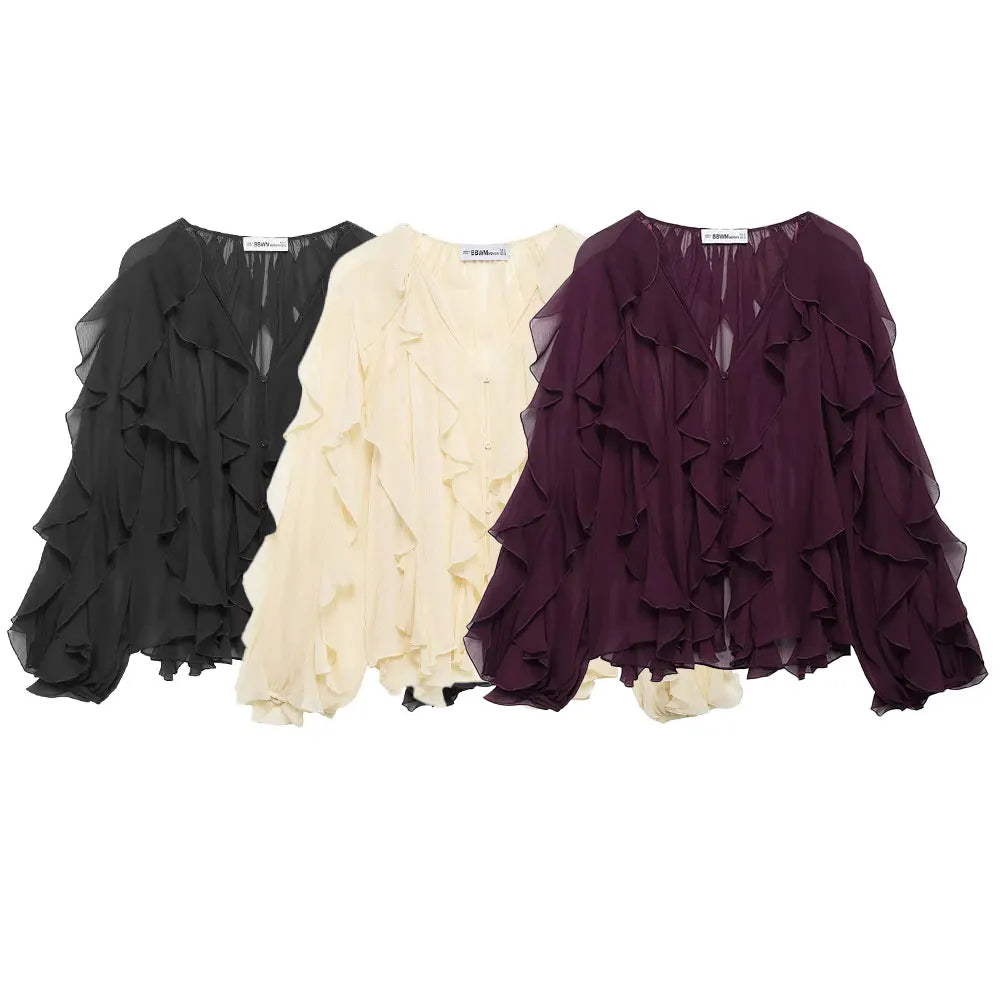 DUOPERI Women Fashion Solid Ruffled Blouse Vintage V-Neck Long Sleeves Female Chic Lady Shirts