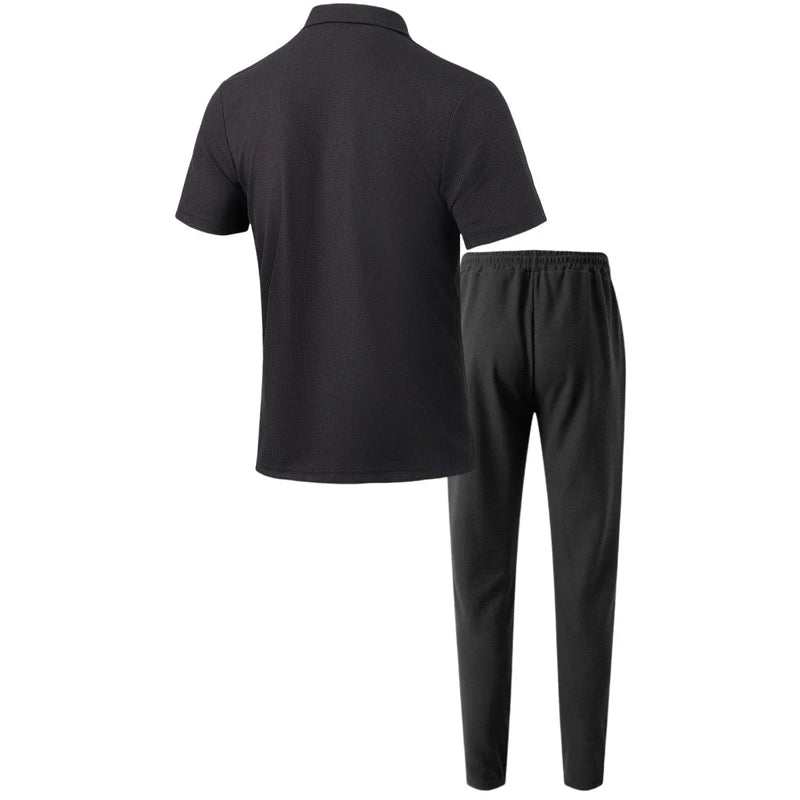 Conjunto de duas peças masculino, camisa casual leve, cor sólida, bolso com botão, tendência waffle, manga curta, calça, verão 2025