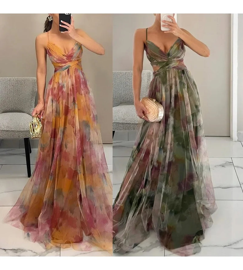Spring and summer new mesh printed camisole dress INS holiday casual party dress skirt robe argent  dress for women