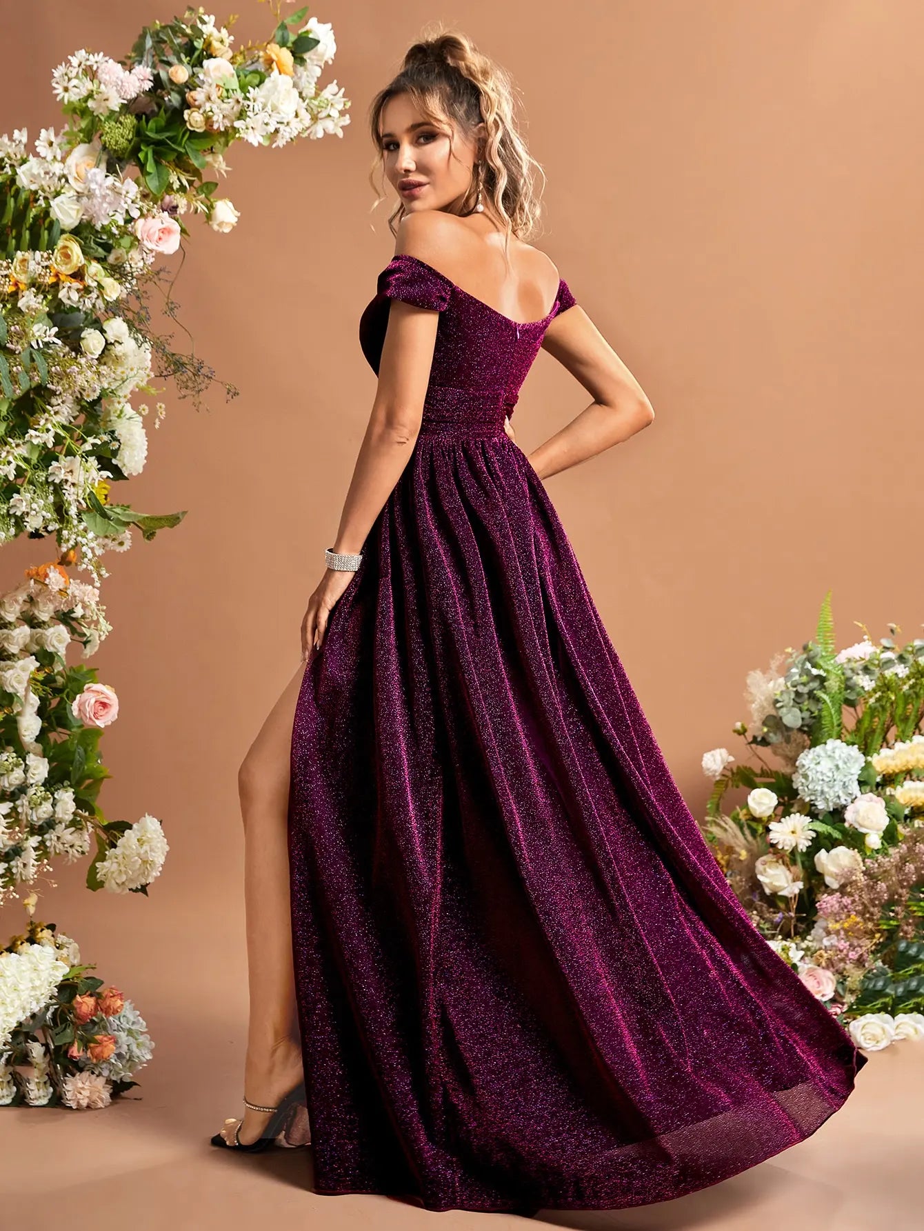 Off Shoulder Split Thigh Glitter Dress
