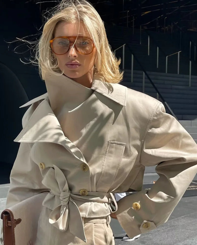 ETJ 2025 new  women's British wind trench coat style double-breasted long sleeve belt lapel jacket short coat