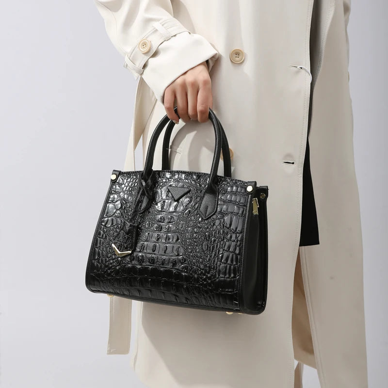 Women's Large Top-Handle Bag Vintage Crocodile Designer Shoulder Bag Quality Leather Crossbody Bag Messenger Commuter Sac A Main
