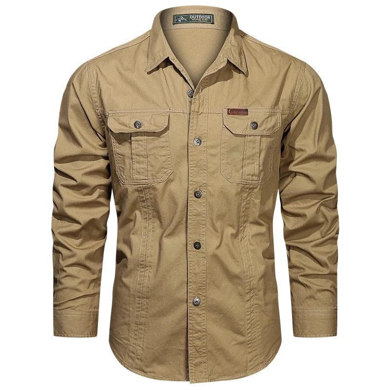 Camisa cargo de algodão para primavera para homens, camisas de manga comprida com vários bolsos, roupa casual para atividades ao ar livre, camisa militar de alta qualidade
