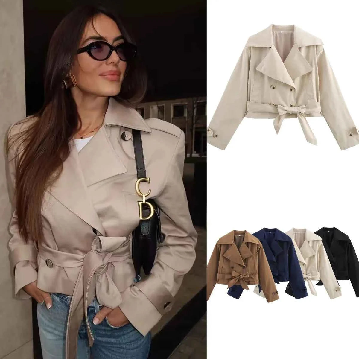 ETJ 2025 new  women's British wind trench coat style double-breasted long sleeve belt lapel jacket short coat