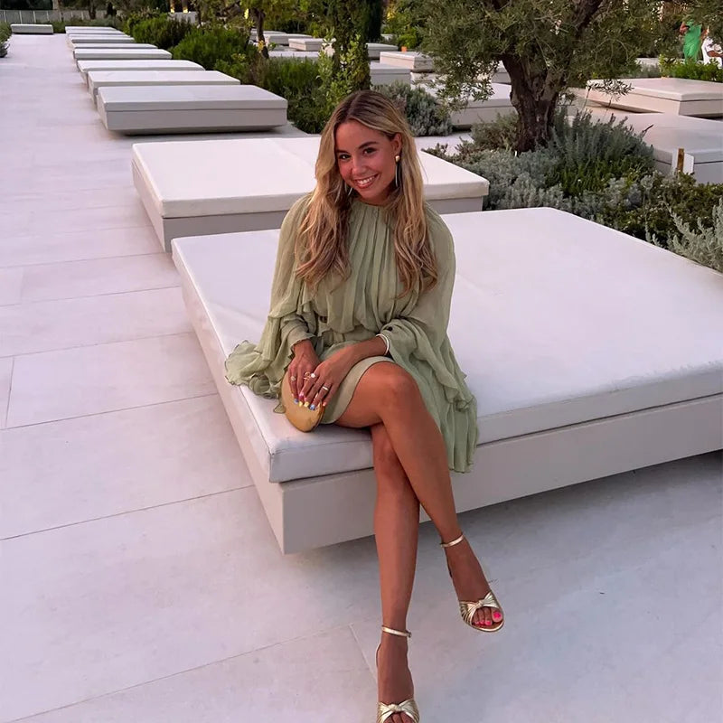 Elegant Women Green Irregular Ruffles Loose Mini Dress Fashion O Neck Full Sleeve Short Vestidos Spring Summer Chic Lady Dresses