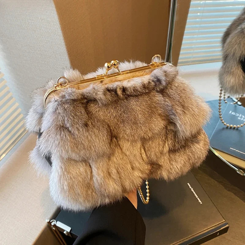 Soft Plush Evening Bags for Elegant Women Fox Fur Dinner Party Clutch Chain Crossbody Winter Warm Luxury Designer Handbags