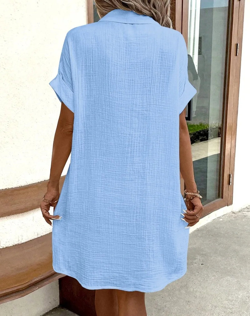 Summer Turn Down Collar Button Up Dress For Women Casual Loose Short Sleeve Pocket Splicing Solid Color Dresses Femme Robe