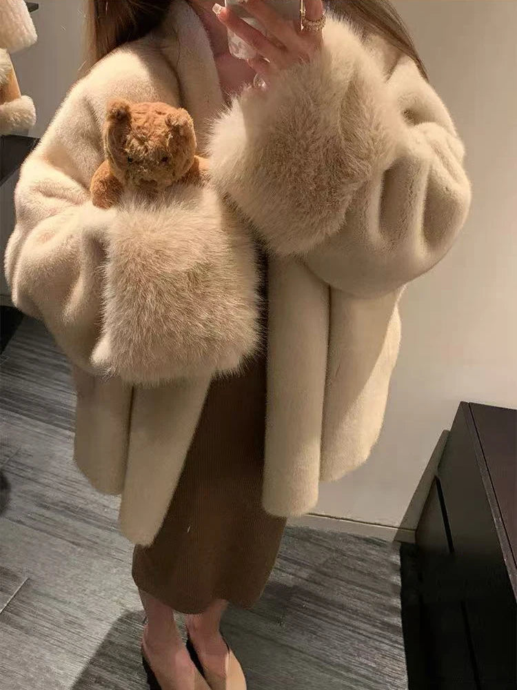 Faux Mink Fur Coat for Women Winter Thick Loose Hairy Casual Jacket Y2K Fashion Streetwear Long Sleeve Warm Fur Outerwear
