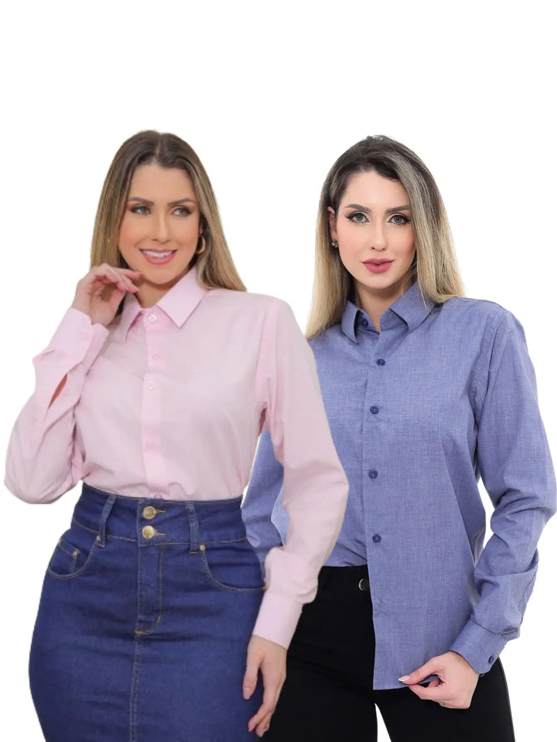 Women's KIT 2 Pieces-Cobalt Blue Linen Premium Social Shirt and Pink Slim Social Shirt